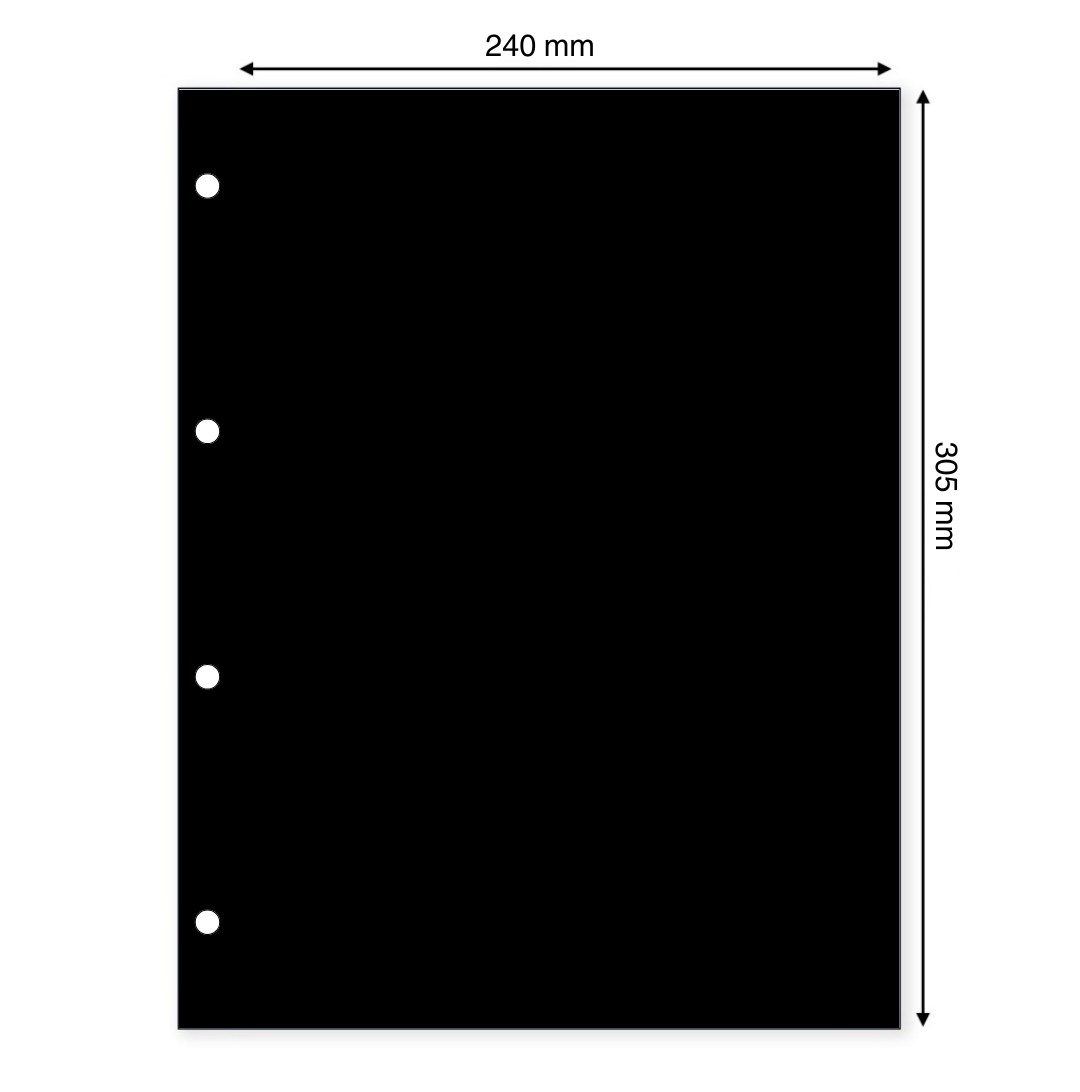 Black illustration representing an album interleave with the dimensions on a white background