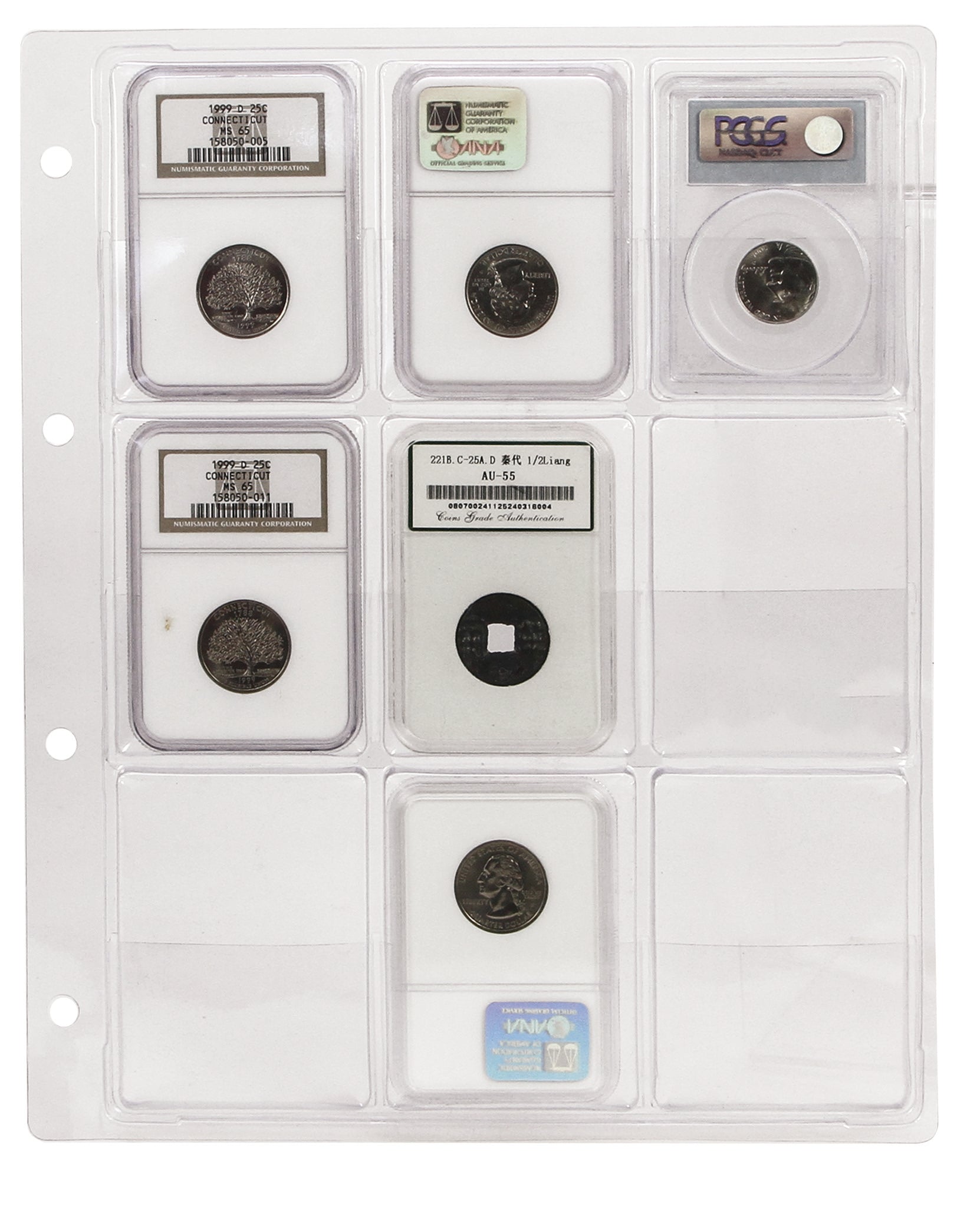 Transparent coin album page with 9 clear pockets, holding a collection of graded coin slabs on a white background
