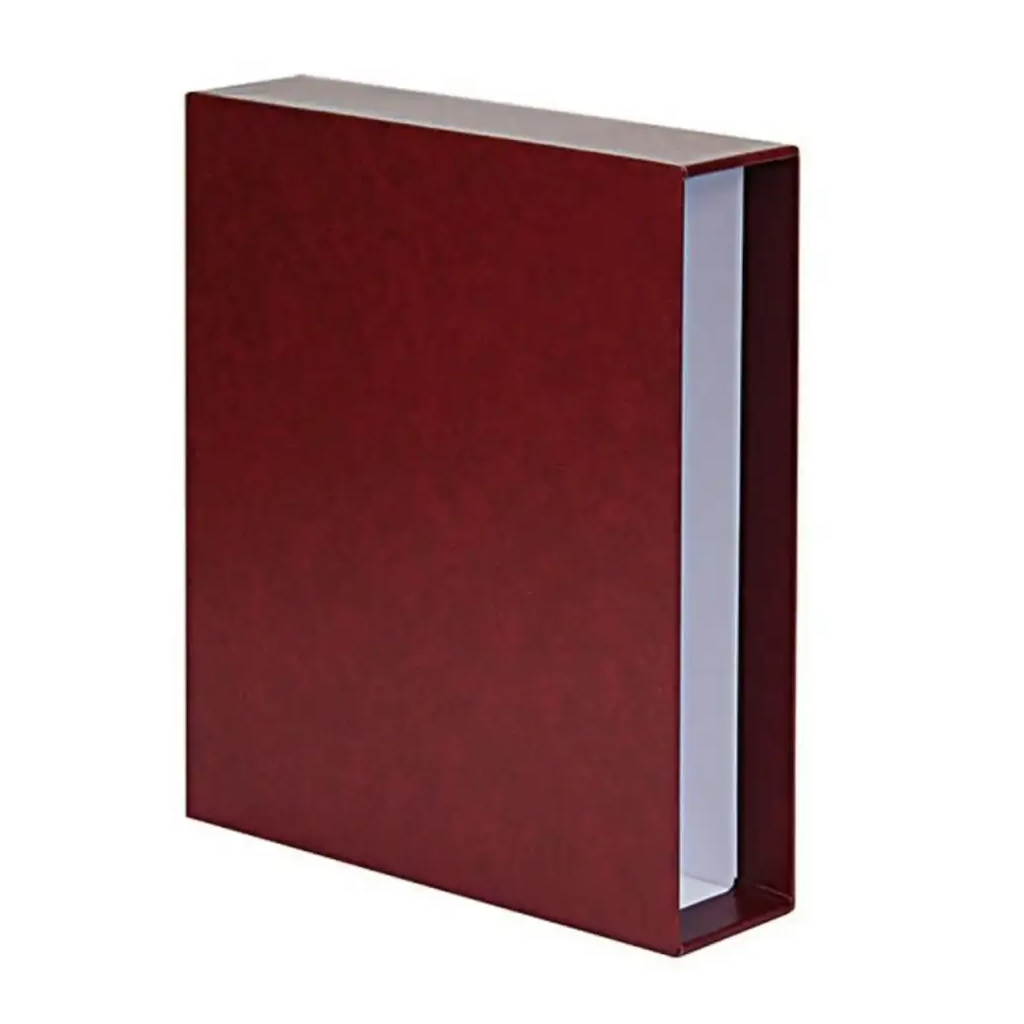 Empty red album slipcase with a white interior on a white background