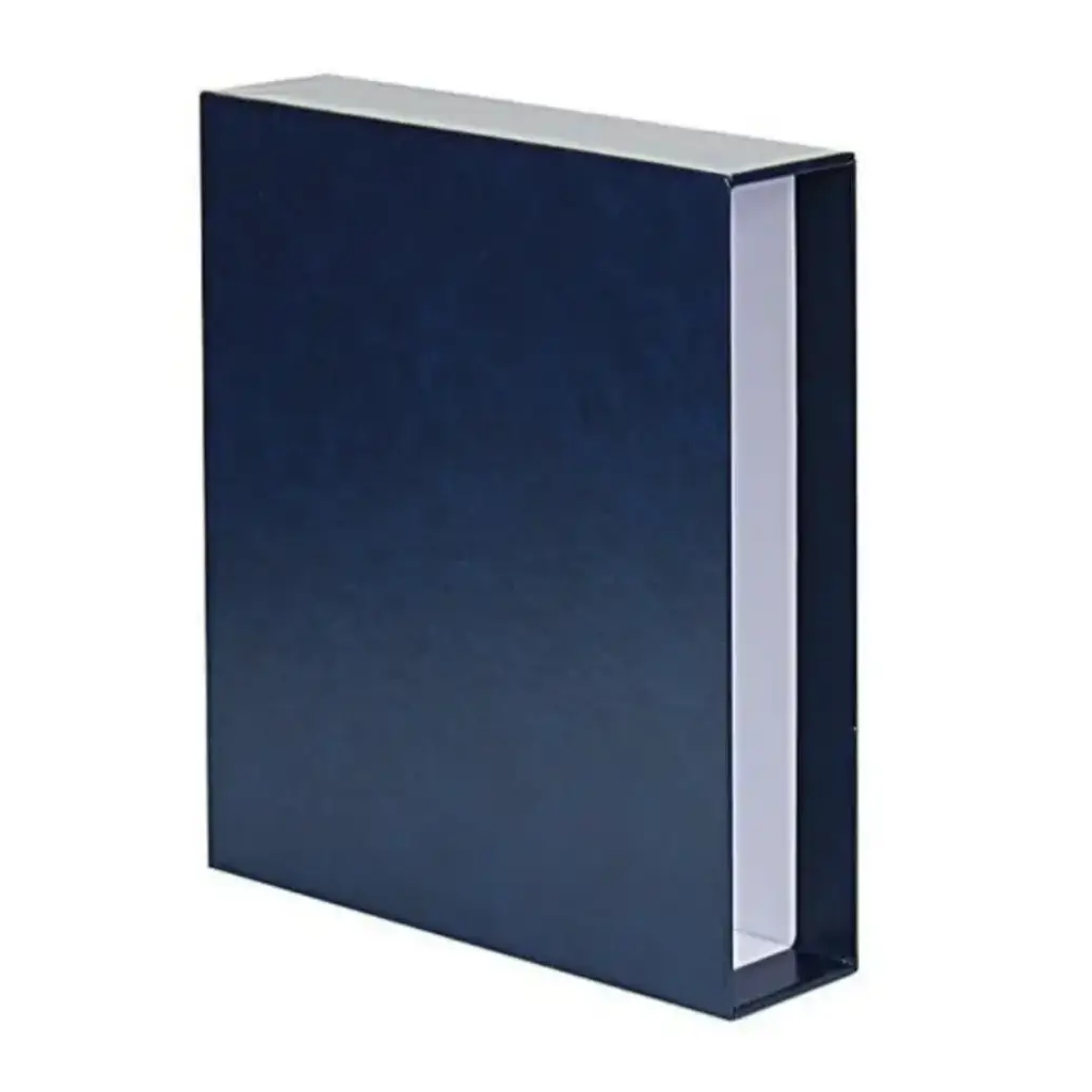 Empty blue album slipcase with a white interior on a white background