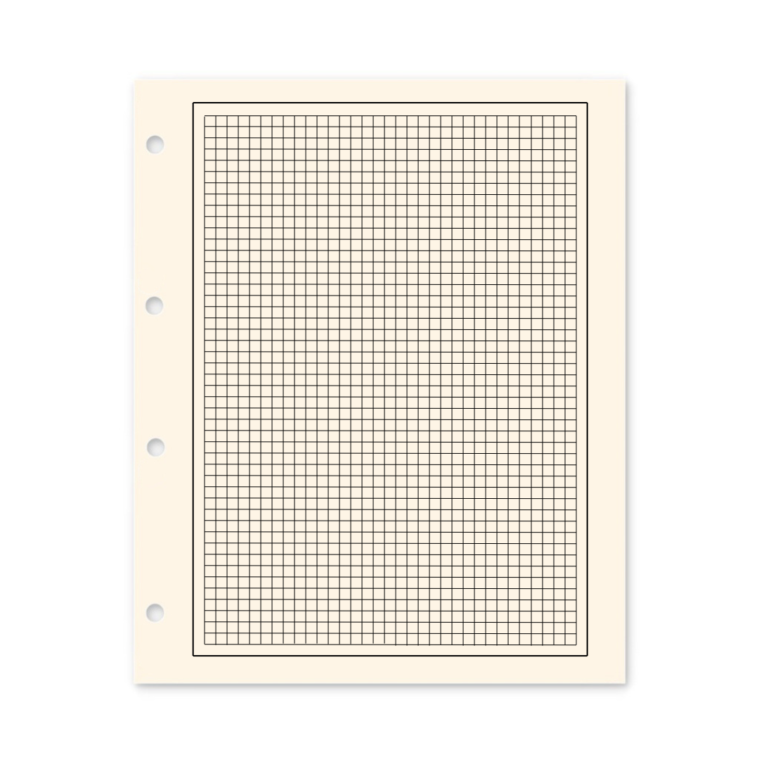Cream colored illustration representing a stamp album exhibit page with black bordered grid & holes on a white background