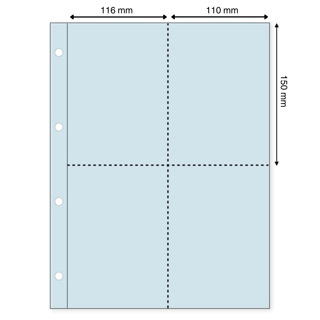 Light blue illustration representing a transparent album page with the pocket dimensions on a white background