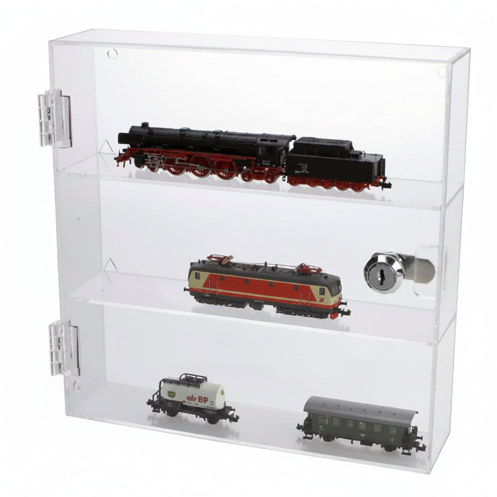 Clear acrylic display curio with multiple shelves holding a collection of model trains on a white background