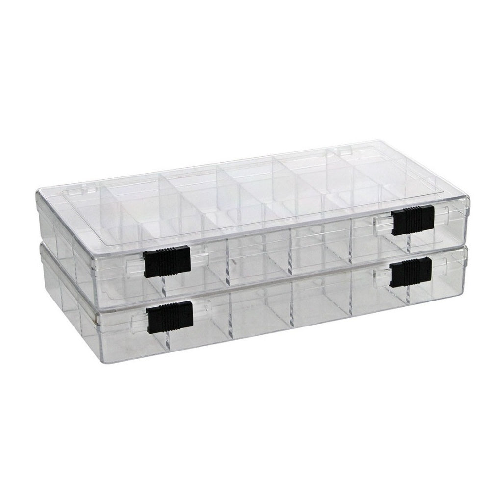 Two clear plastic storage boxes with black clasps stacked on top of each other on a white background