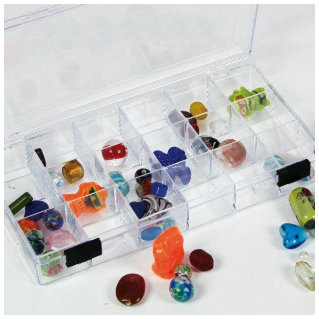 Collection of glass beads & gems in a clear acrylic box with 18 compartments on a white background