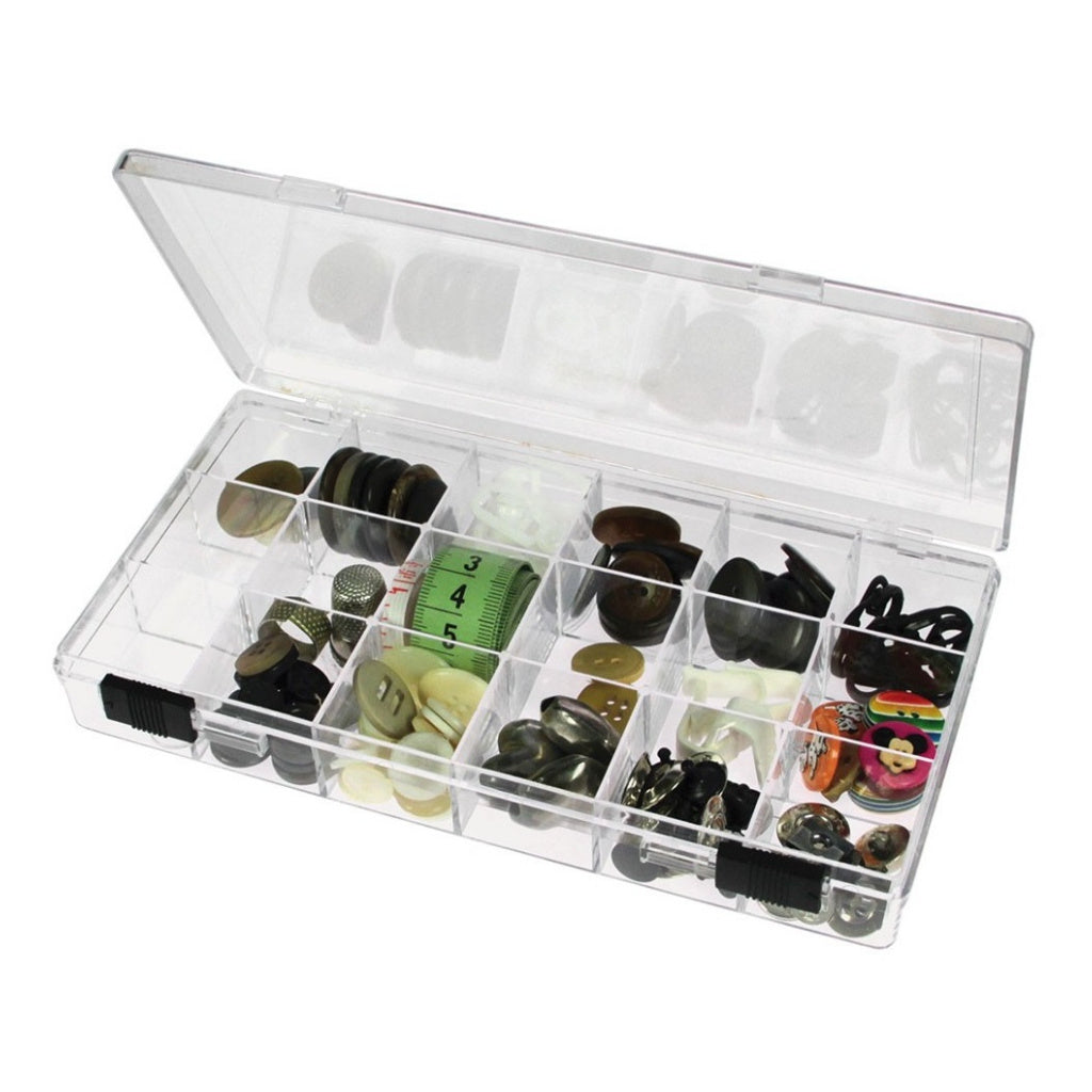 Collection of buttons & sewing material in a clear acrylic box with 18 compartments on a white background
