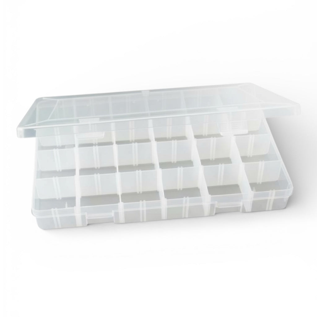 Clear plastic organizer box with compartments on a white background