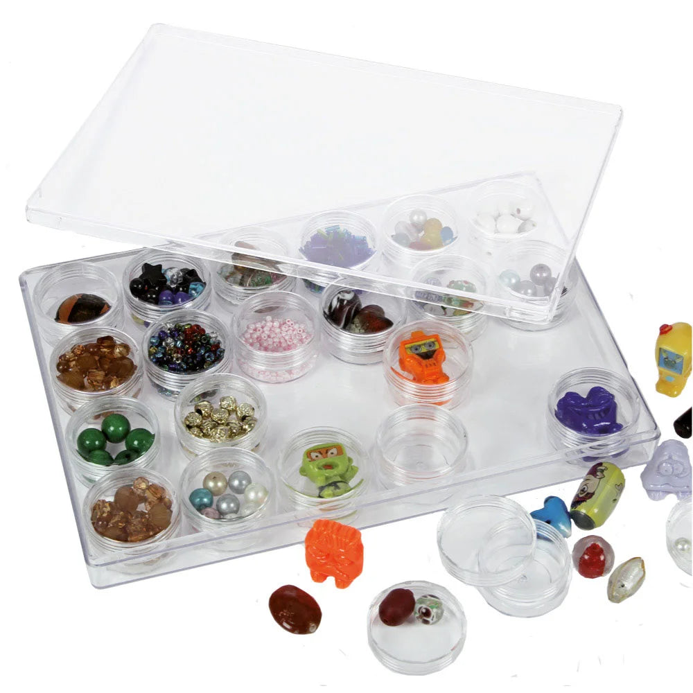 Clear plastic organizer box with 24 small jars filled with various colorful beads and decorative items on a white background.