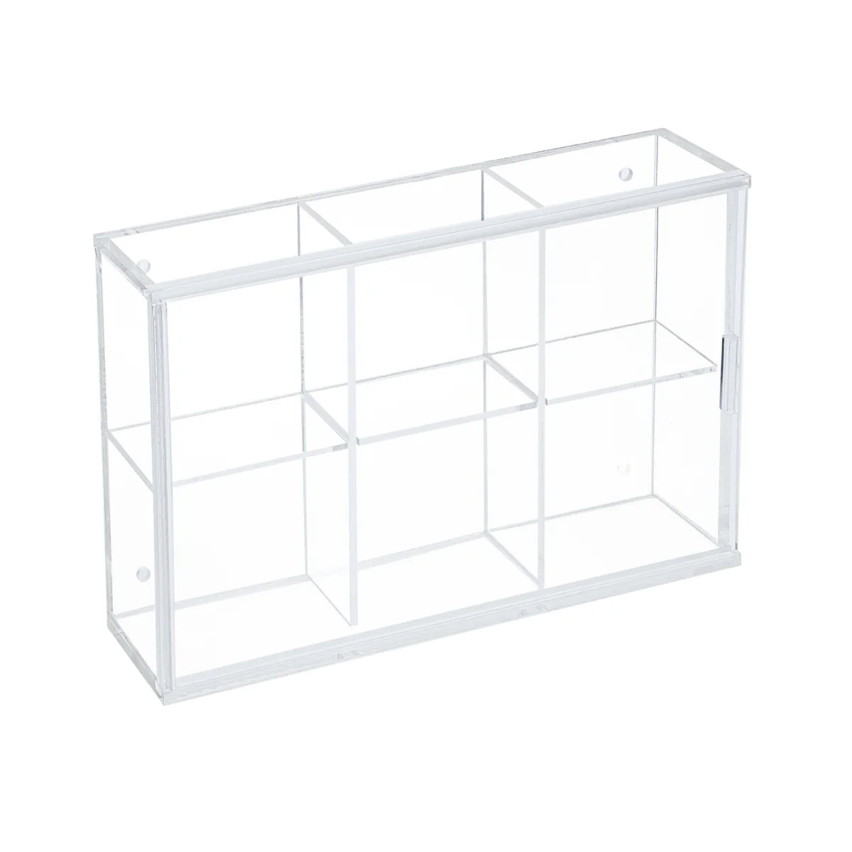 Clear acrylic display case with 6 compartments on a white background