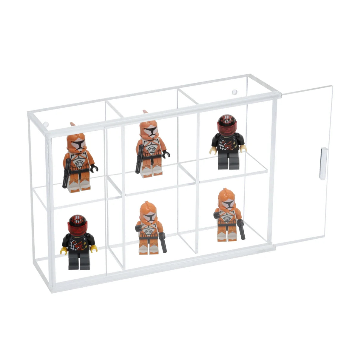 Clear acrylic display case with 6 compartments filled with various collectible LEGO mini figs on a white background