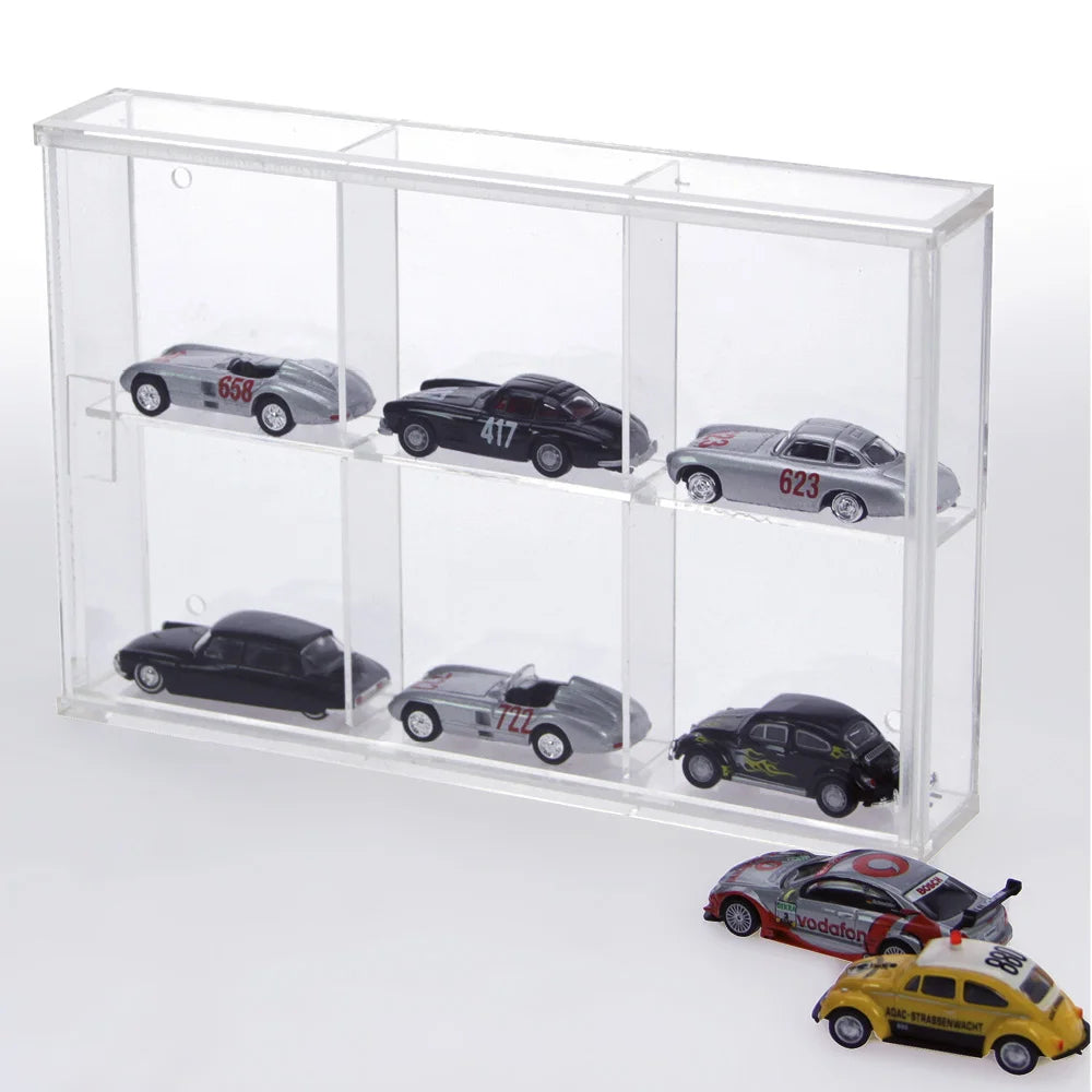 Clear acrylic display case with 6 compartments filled with various collectible toy model cars on a white background