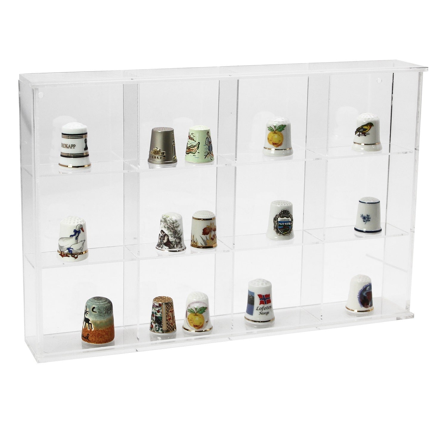 Clear acrylic display case with 12 compartments filled with various collectible thimbles on a white background