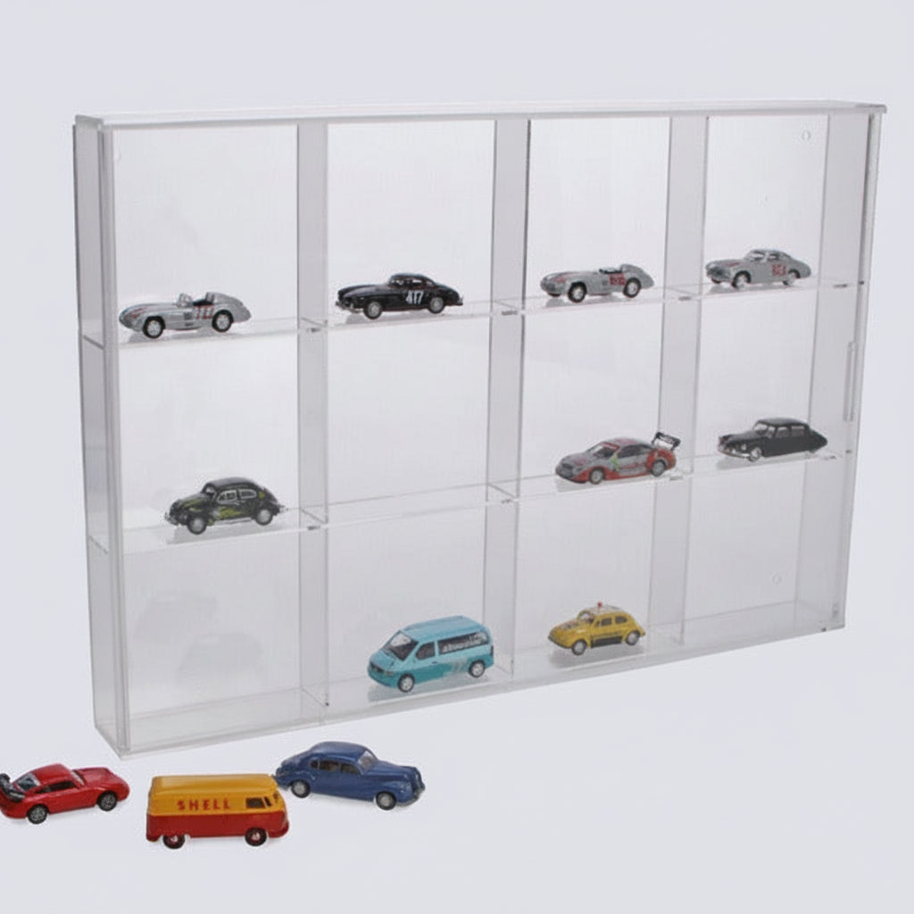 Clear acrylic display case with 12 compartments filled with various model cars on a white background