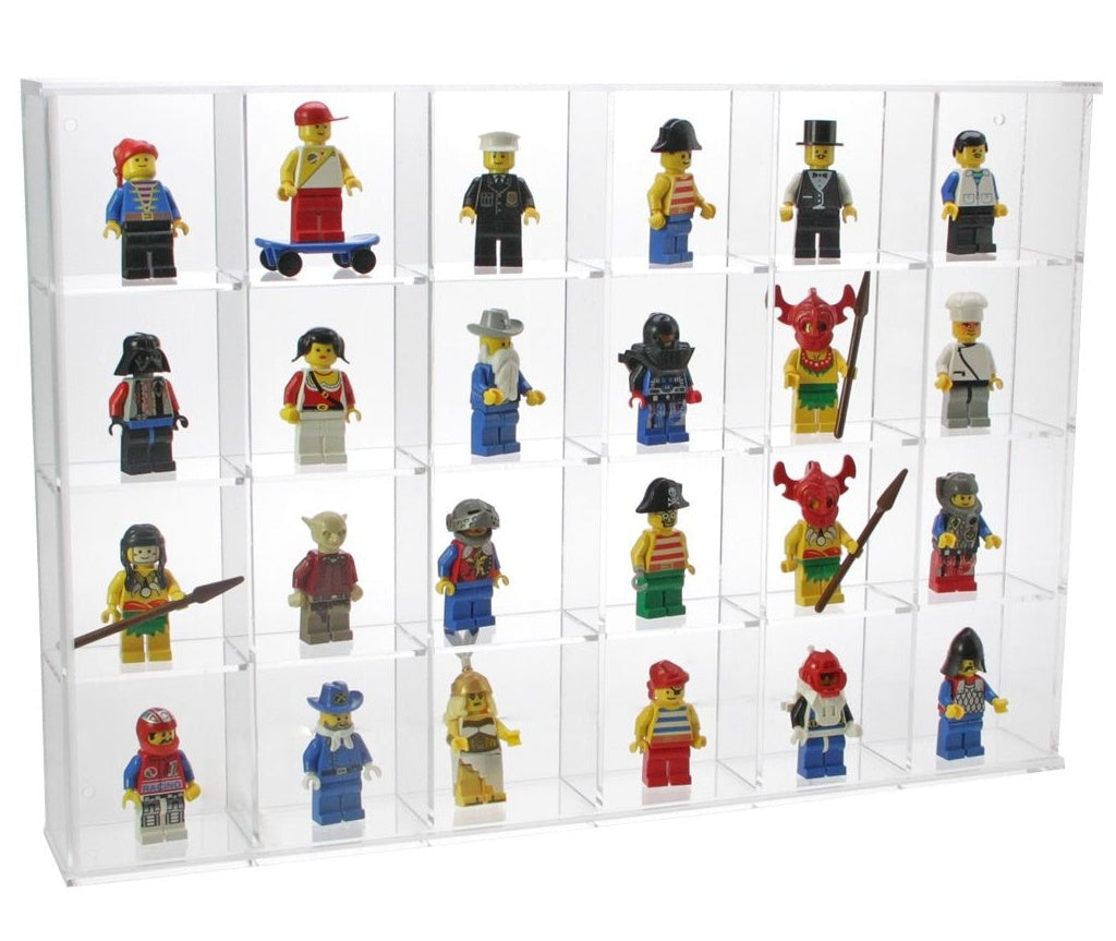 Clear acrylic display case with 24 compartments filled with various LEGO minifigures on a white background