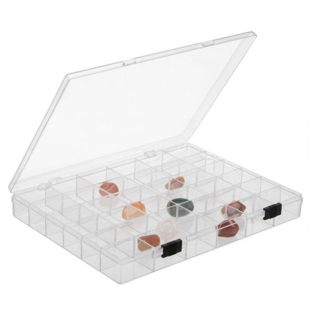 Collection of rocks & minerals in a clear acrylic box with 36 compartments on a white background