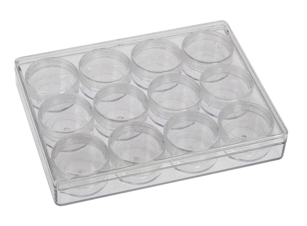 Clear plastic container with 12 small removable round jars on a white background