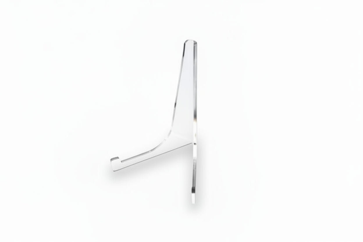 Clear acrylic triangular easel stand for collectibles on a white background
