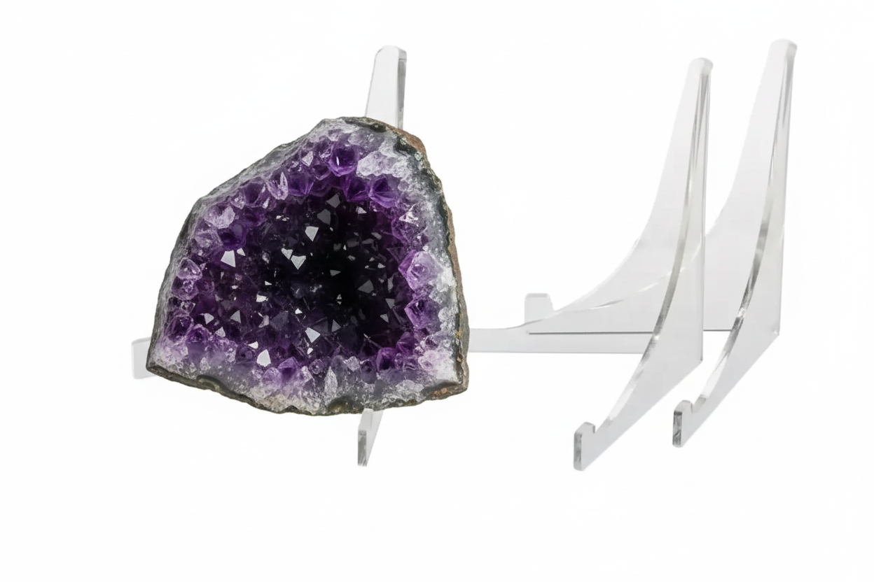 Geode crystal on an acrylic triangular easel/stand against, with two other acrylic triangular easels next to it against a white background