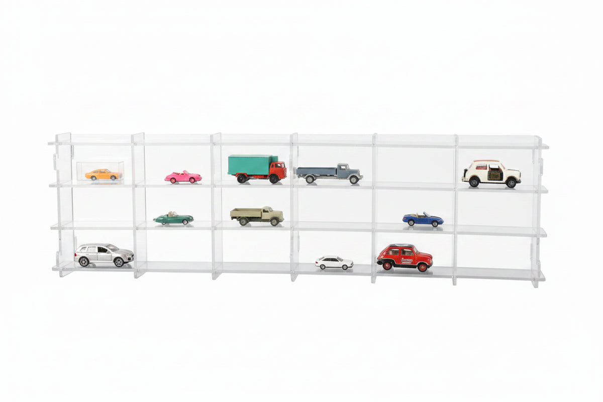 A clear acrylic display shelf with multiple compartments holding various miniature toy vehicles, shown against a solid white background.