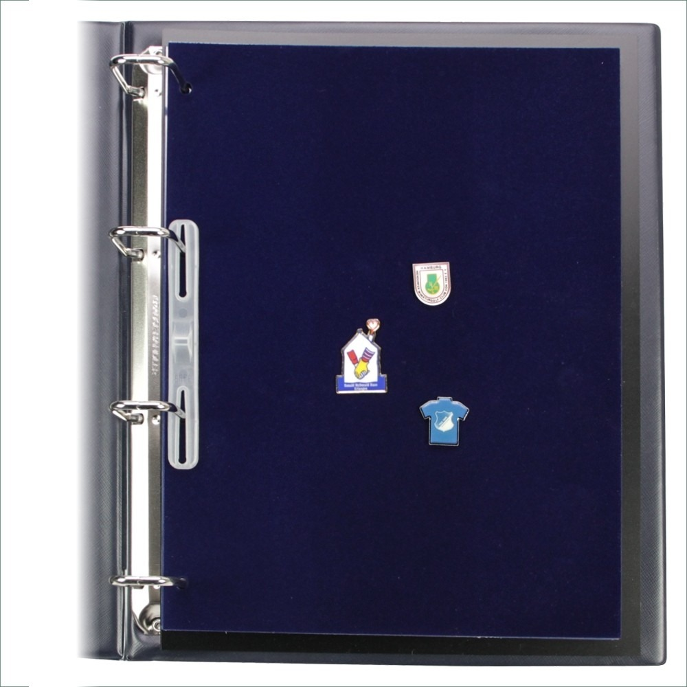 Detail image of a collector album with 4-ring mechanism laid open showing a velvet pin page on a white background