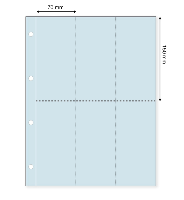 Light blue illustration representing a transparent album page with the pocket dimensions on a white background