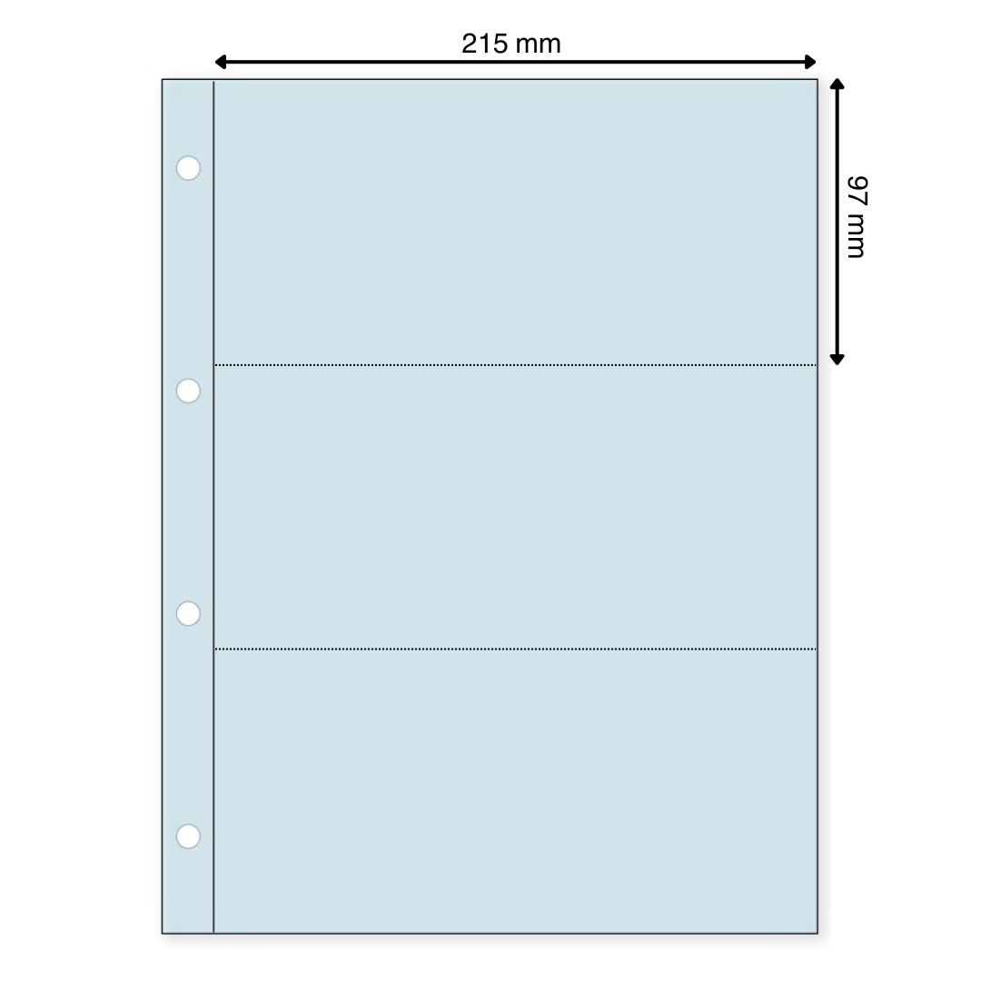 Light blue illustration representing a transparent album page with the pocket dimensions on a white background