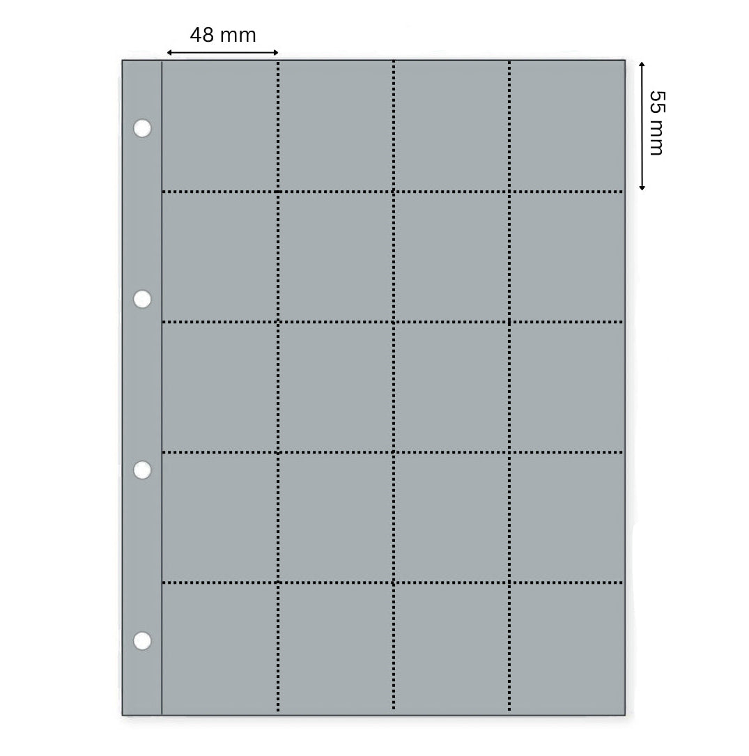 Grey illustration representing a grey album page with the pocket dimensions on a white background