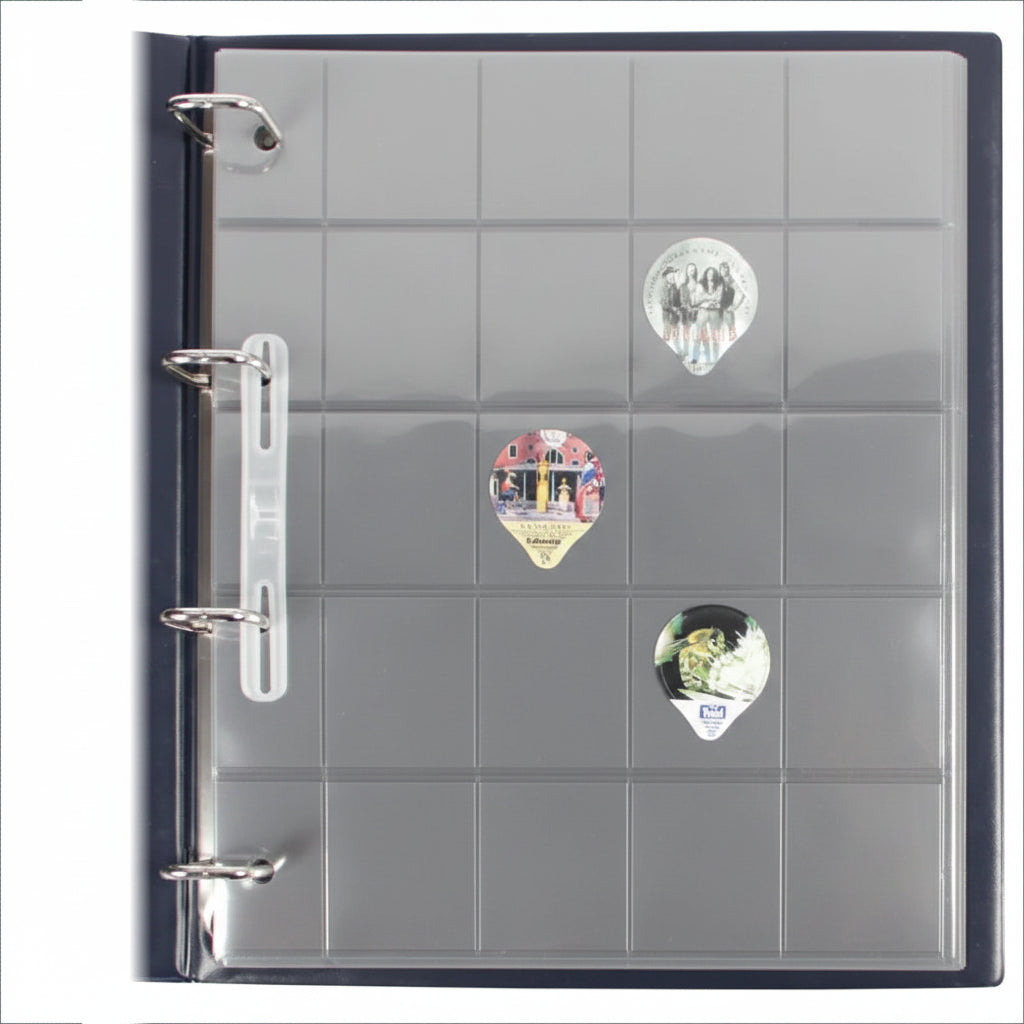 Open collection album displaying a grey page with collectible creamer lids on a white background