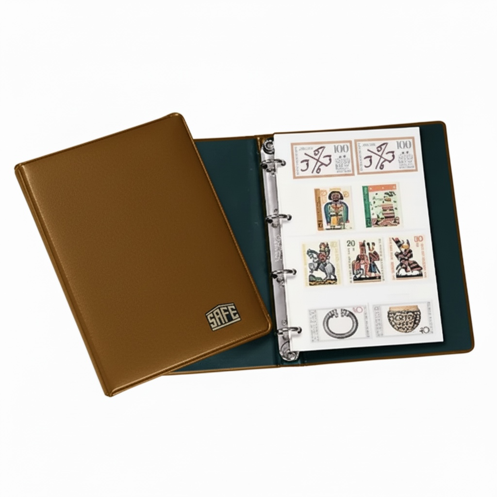 Open, brown stamp album with the SAFE logo, displaying pages with collectible stamps on a white background