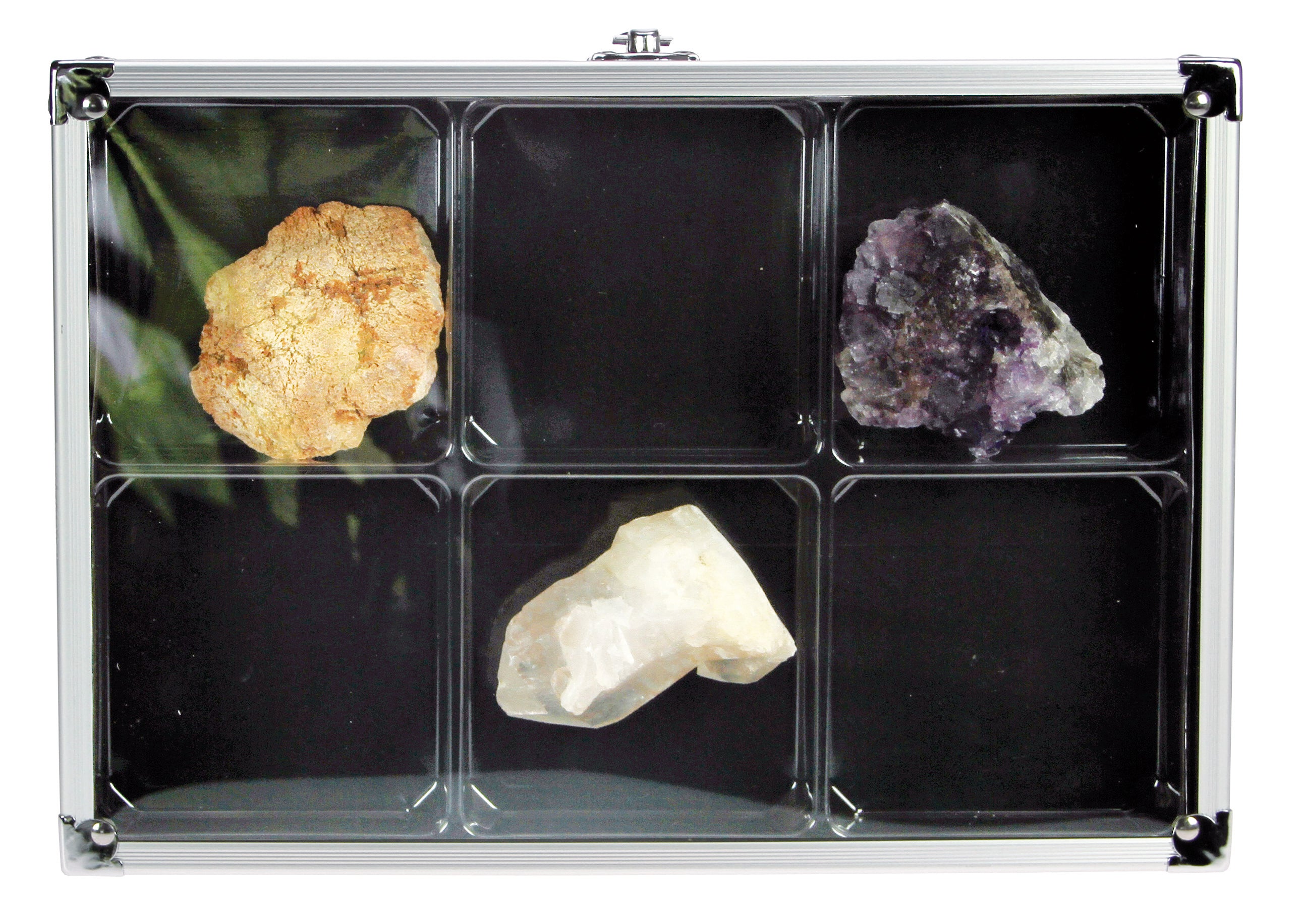 Aluminum display case with 6 compartments filled with rocks & minerals, closed with an acrylic lid on a white background