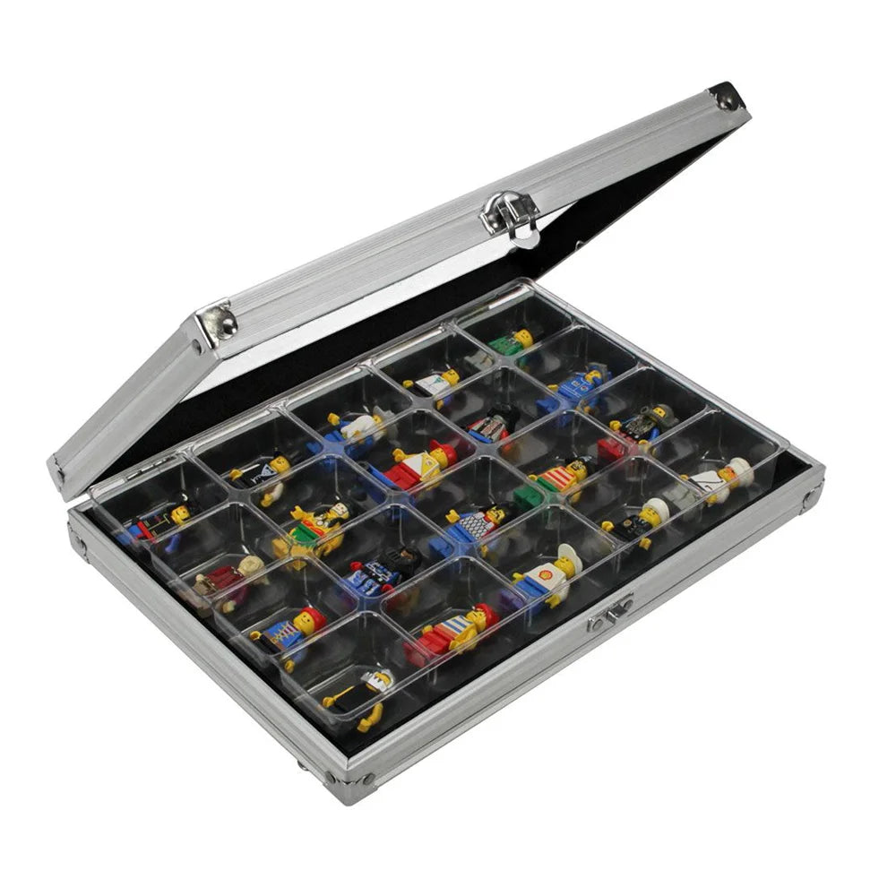 Aluminum display case with 20 compartments filled with LEGO mini figure collectibles, open ajar with an acrylic lid on a white background