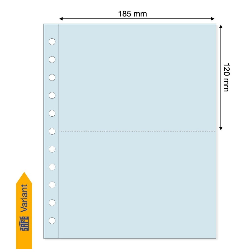 Light blue illustration representing a transparent album page with the pocket dimensions on a white background