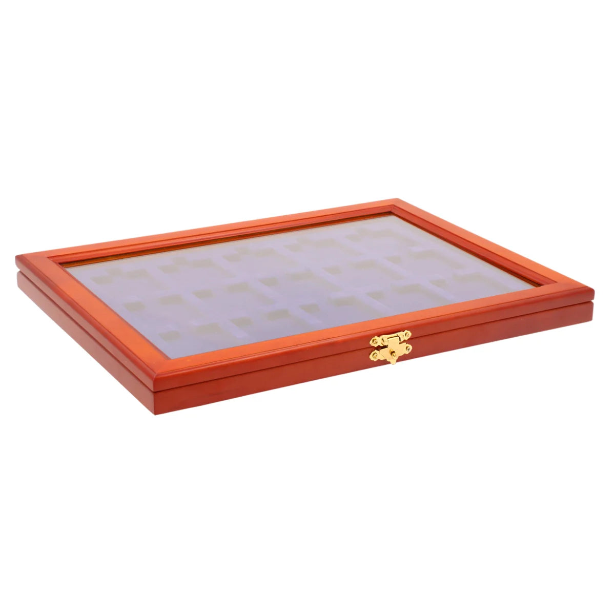 Closed wooden display case with blue velvet interior and glass lid for coins or collectibles on a white background