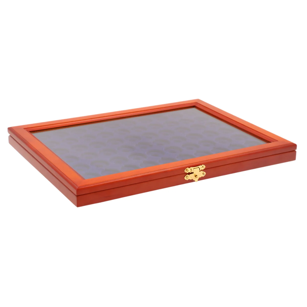 Closed wooden display case with blue velvet interior and glass lid for coins & collectibles on a white background