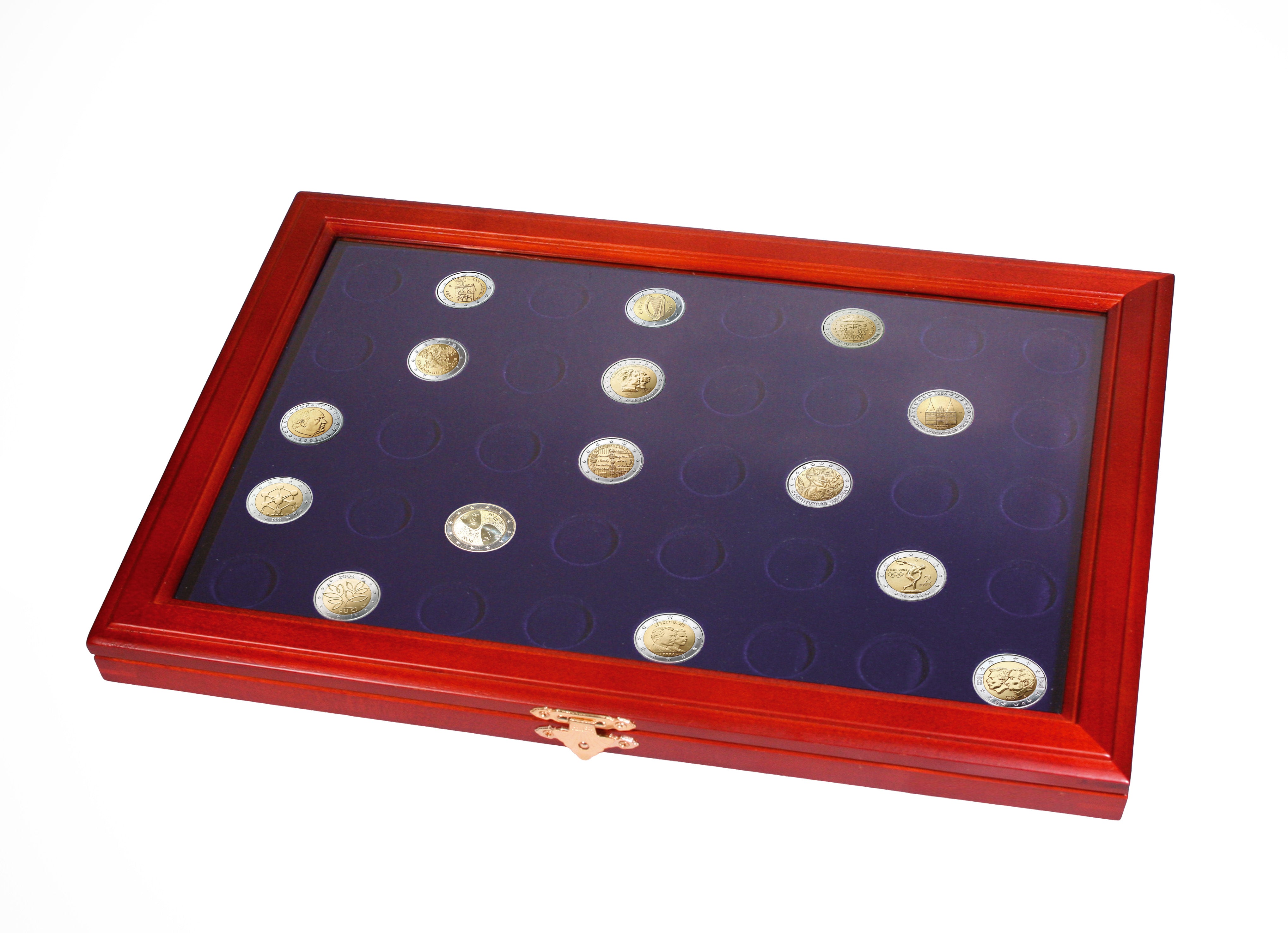 Wooden display case with blue velvet interior with 40 round compartments and glass lid for coins & collectibles on a white background