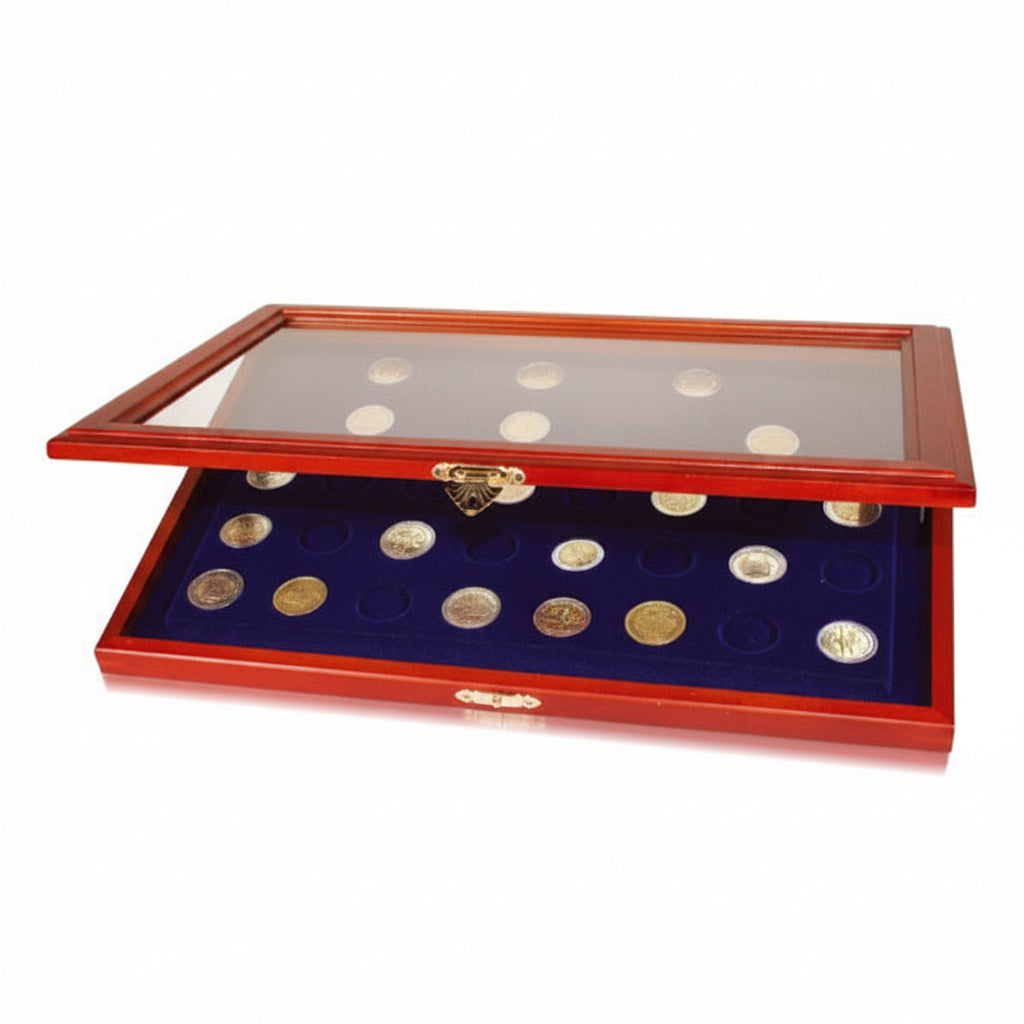 Wooden display case with blue velvet interior with 40 round compartments and glass lid for coins & collectibles on a white background
