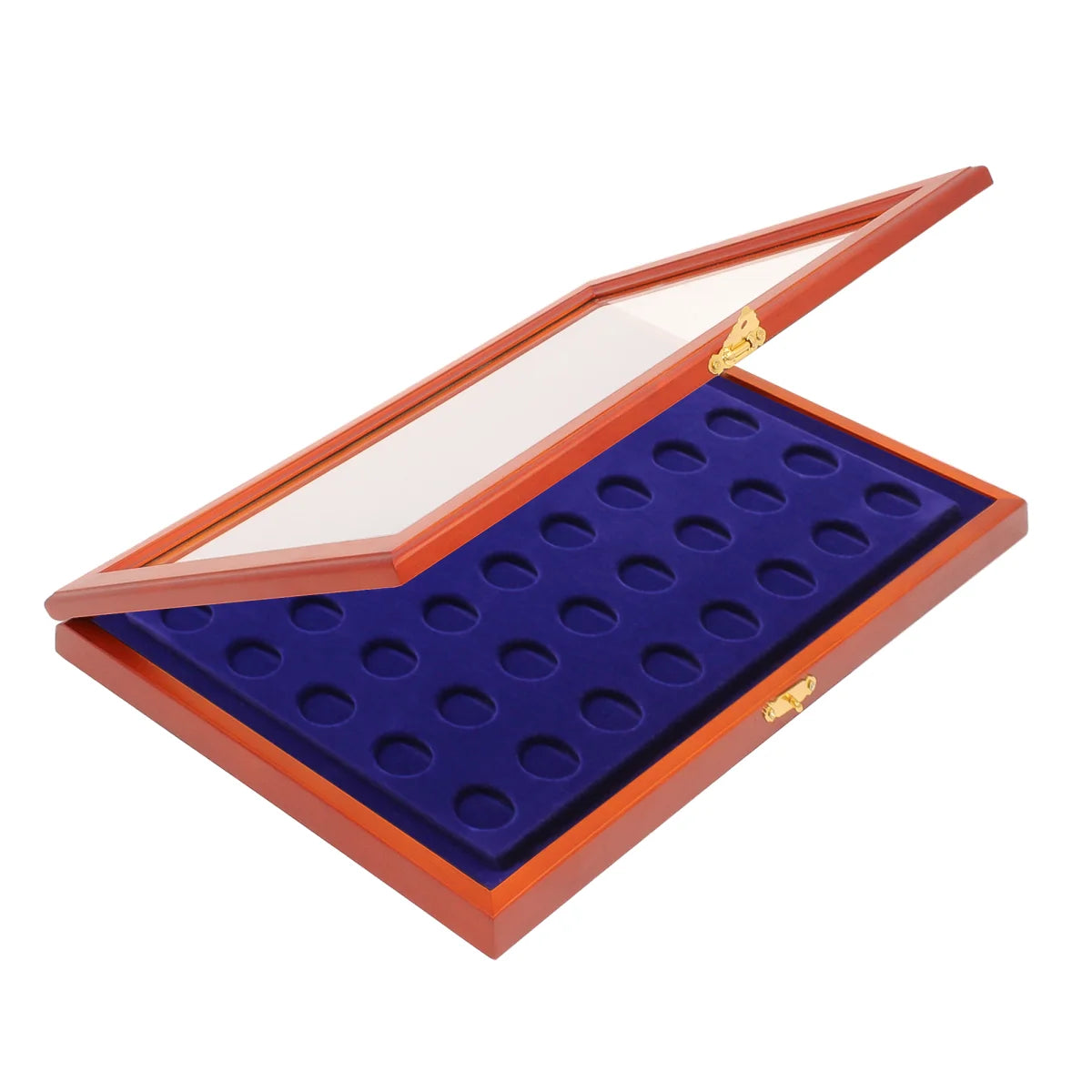Wooden display case with blue velvet interior and glass lid for coins or collectibles on a white background