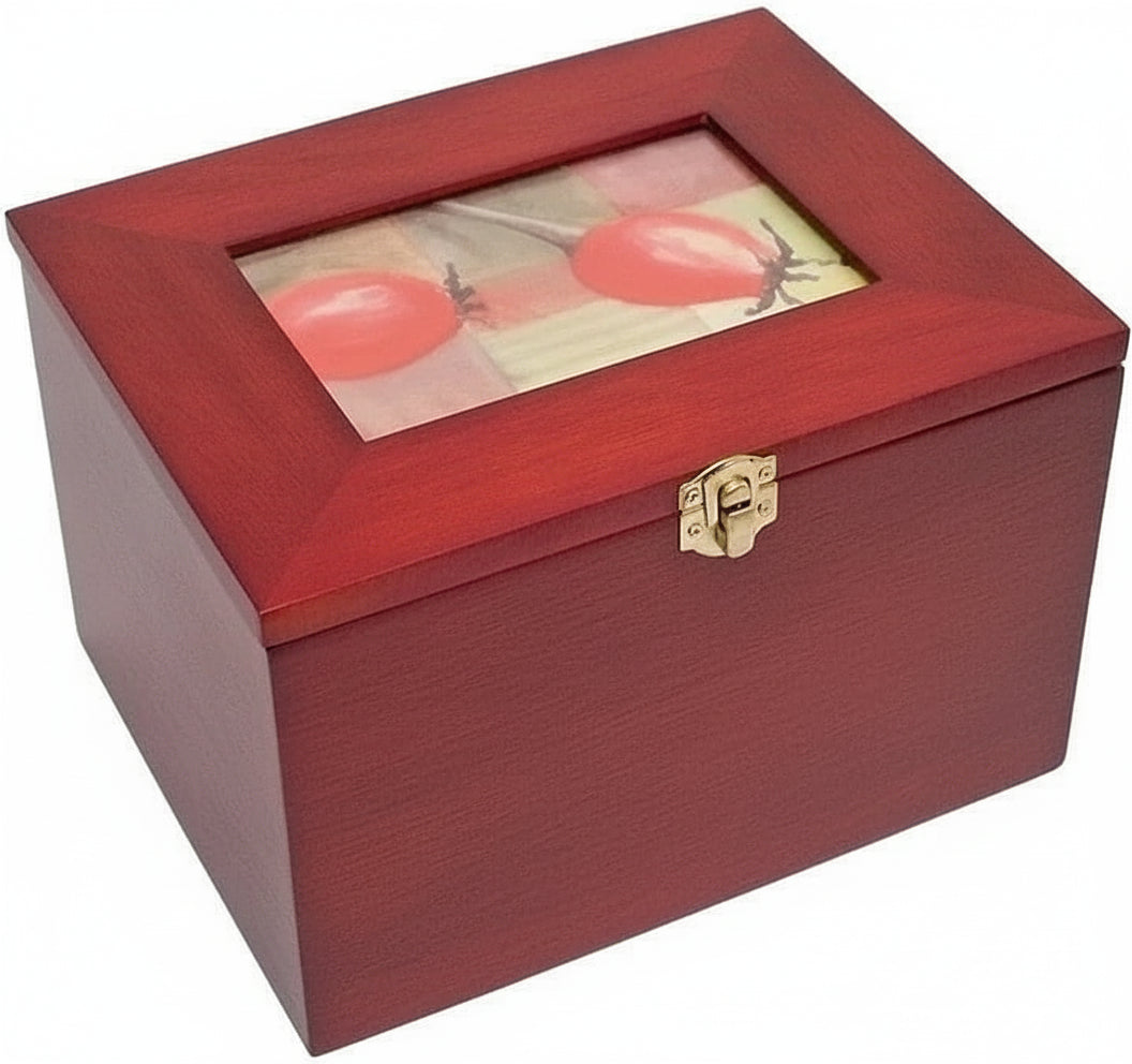 Wooden storage box for postcards and photos with a customizable lid and brass snap latch, on a white background.