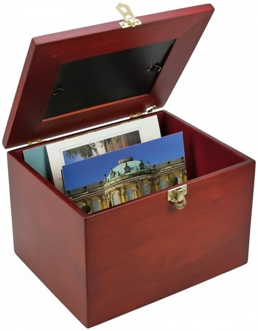 Wooden storage box for postcards and photos with a customizable lid and brass snap latch, open, revealing the scenic postcards/photos inside on a white background.