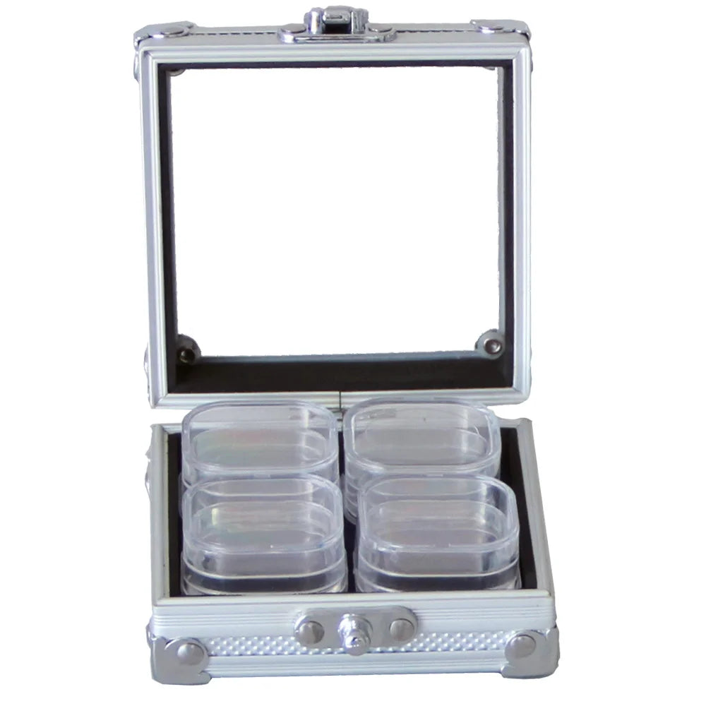 Aluminum square display case with an open acrylic lid showing 4 square capsules placed inside on a white background