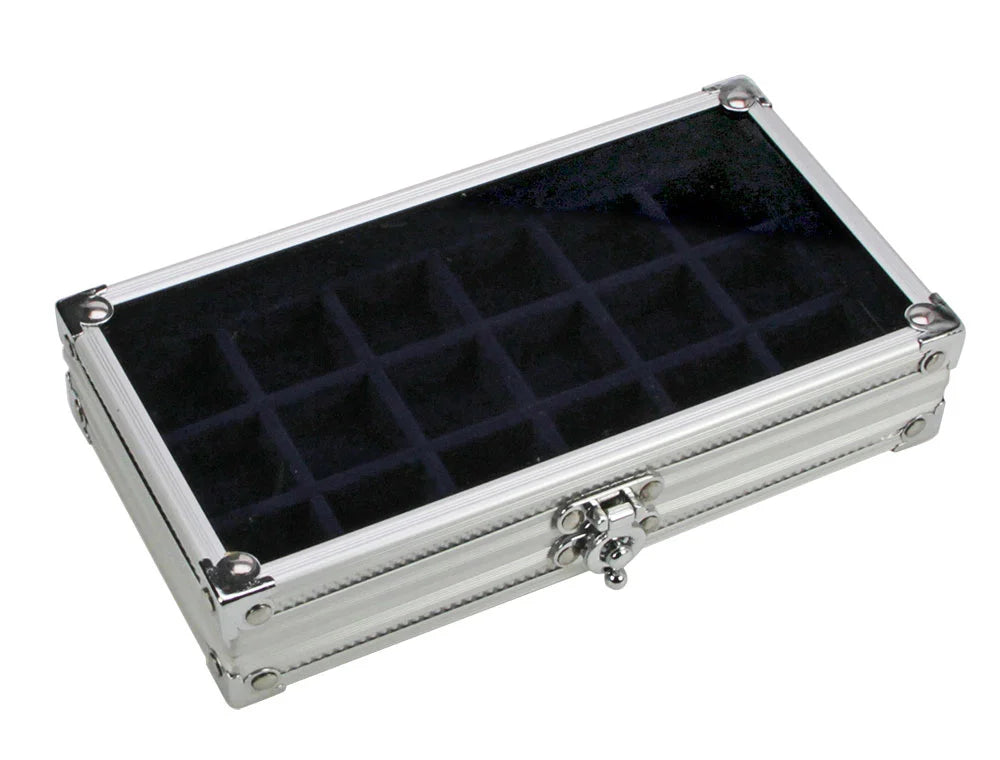 Aluminum Display case with a closed acrylic lid showing a blue organizer grid interior  on a white background
