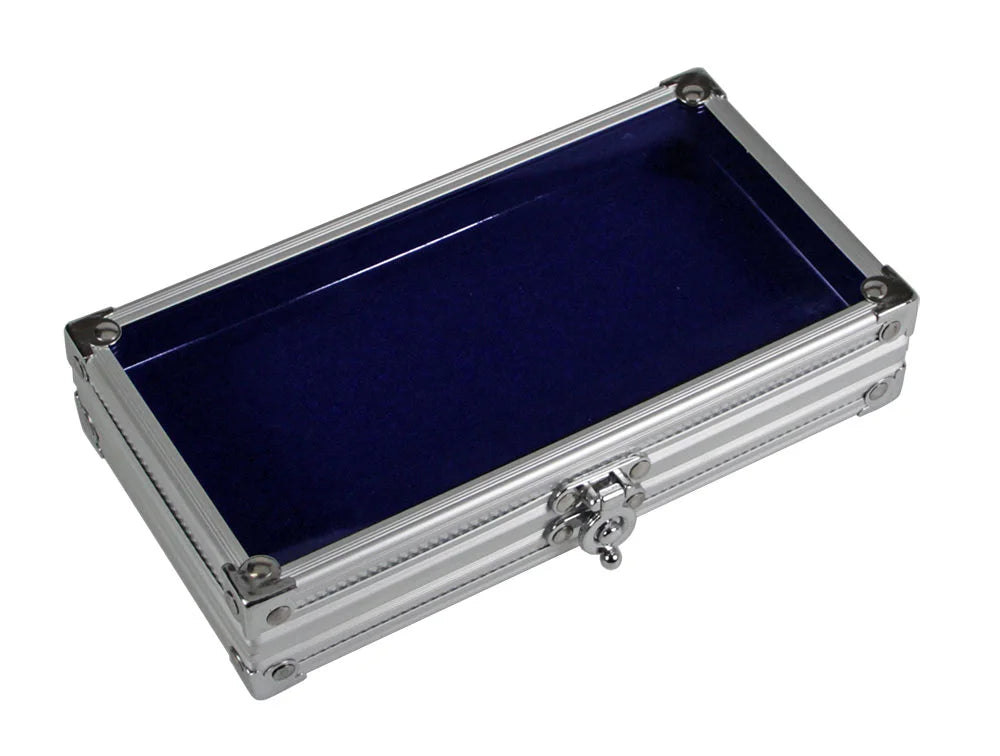 Aluminum Display case with a closed acrylic lid showing a blue interior  on a white background