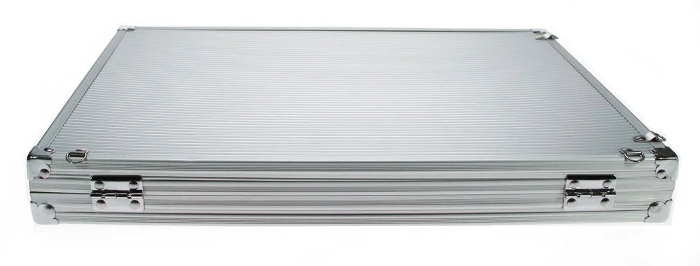 Bottom of the aluminum display case with wall hanging hardware on a white background