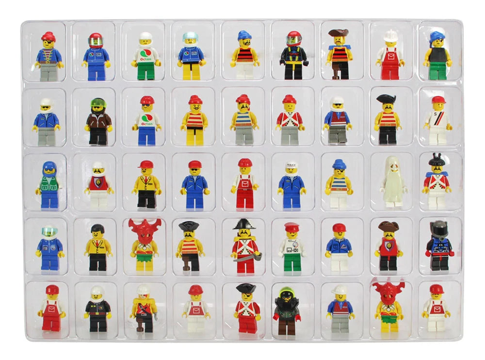 45 compartments filled with LEGO mini figs on a white background