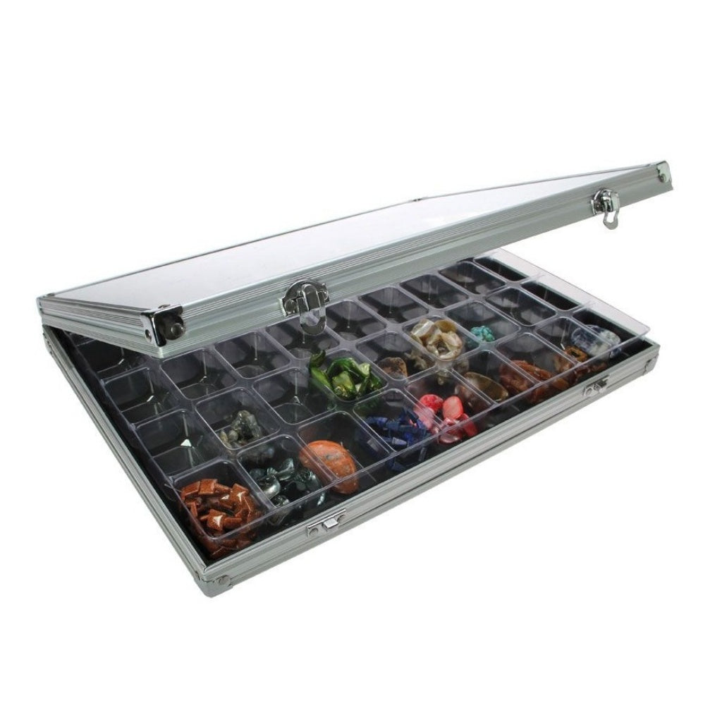 Aluminum display case with 45 compartments filled with rocks & minerals, open ajar with an acrylic lid on a white background