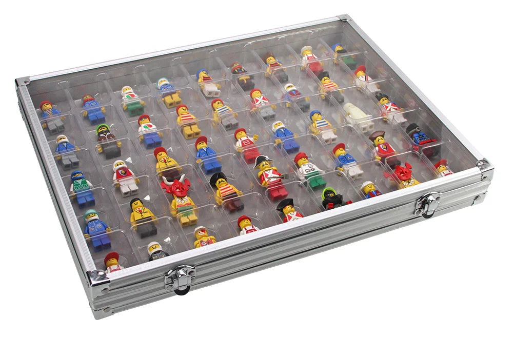 Aluminum display case with 45 compartments filled with LEGO mini figs closed with an acrylic lid on a white background