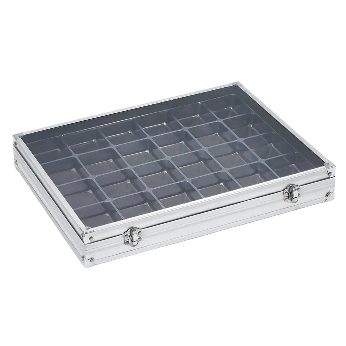 Aluminum display case with 24 compartments for collectibles, closed with an acrylic lid on a white background