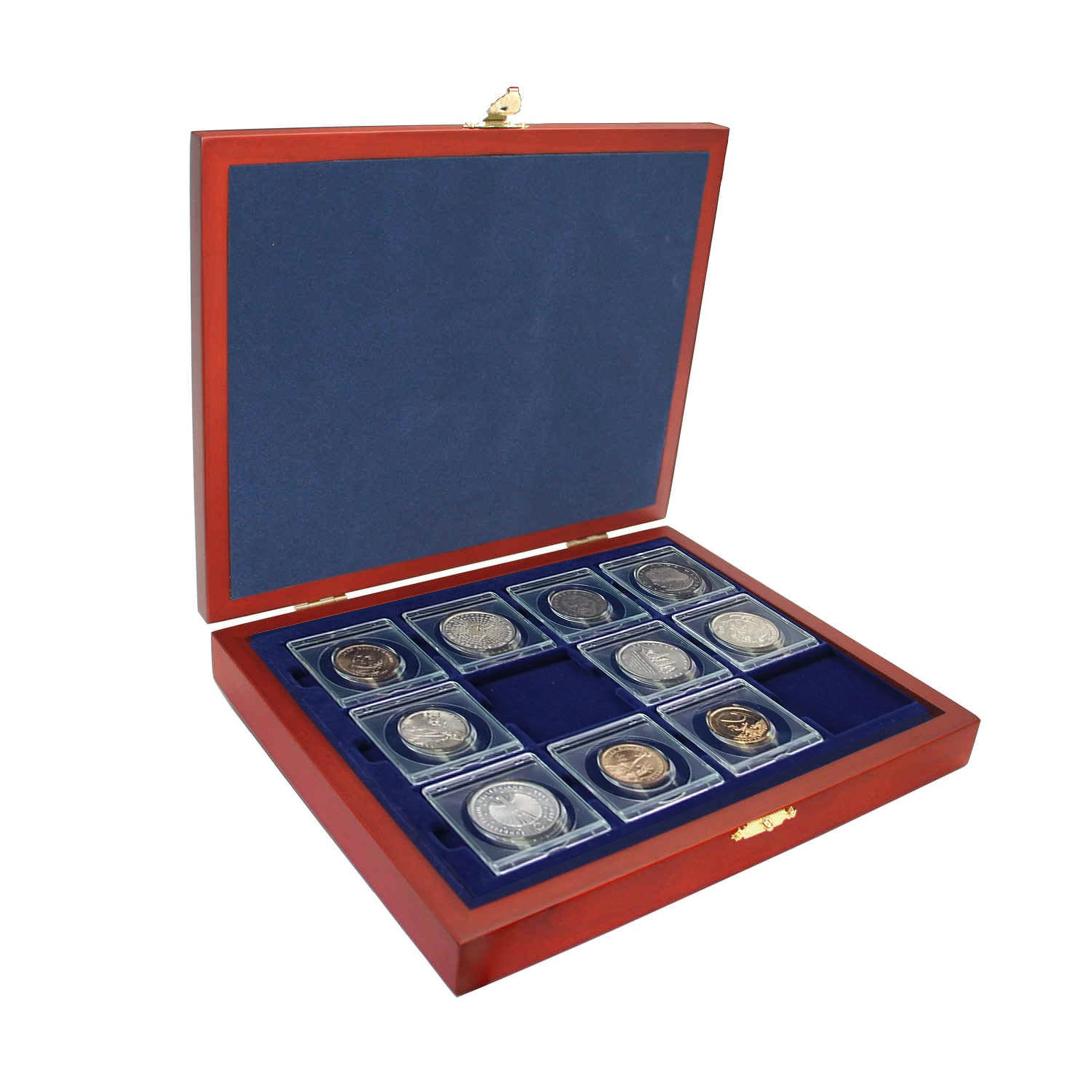 Open wooden coin collection box with blue velvet trays holding a 2x2 coin flip collection on a white background