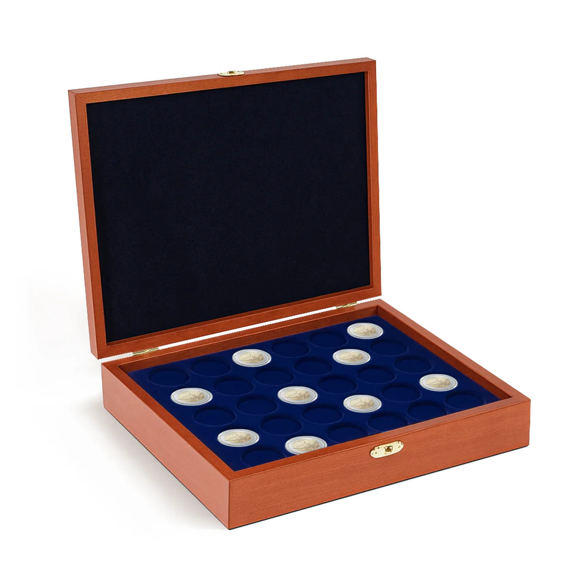 Open wooden coin collection box with blue velvet trays holding a coin collection on a white background