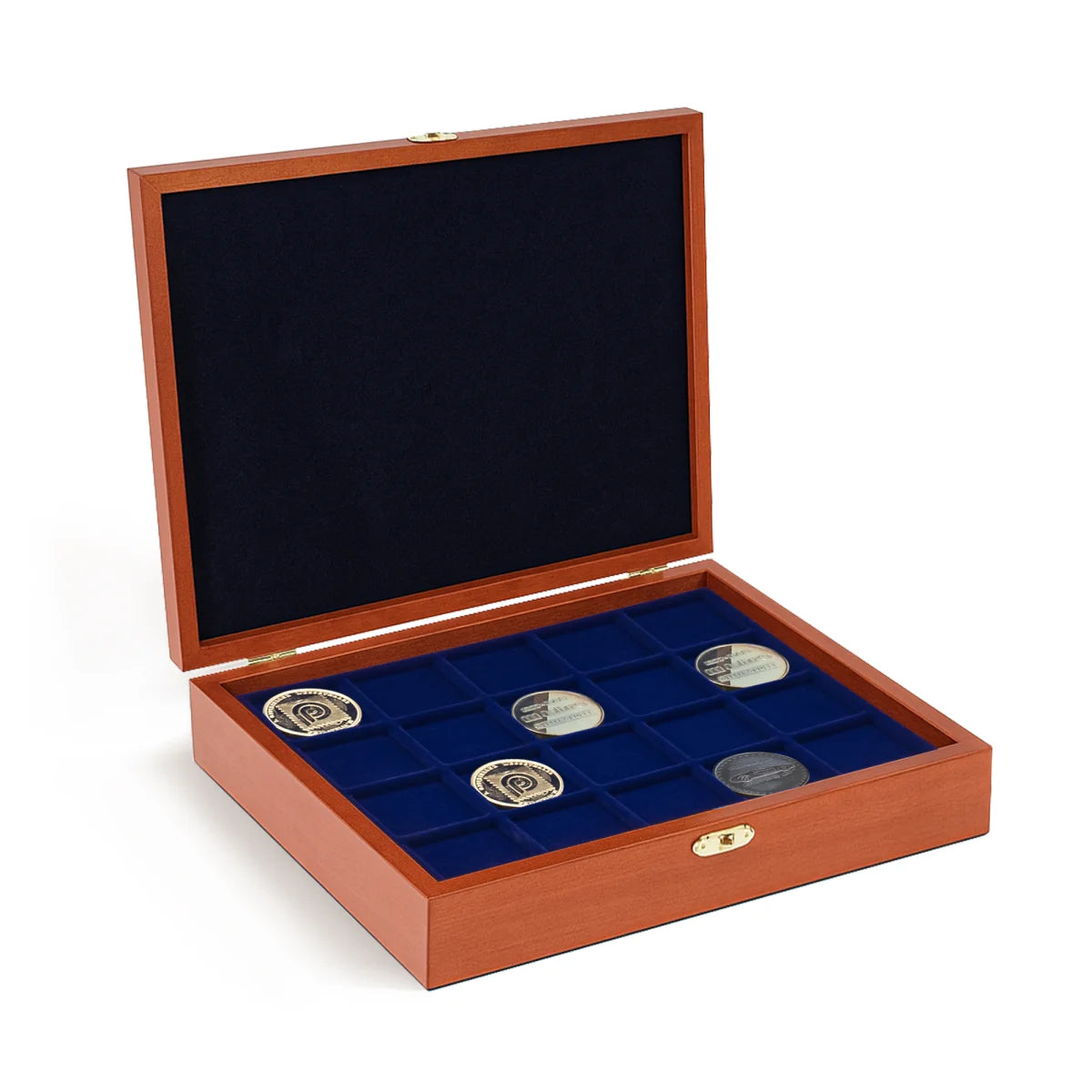 Open wooden coin collection box with blue velvet trays holding a coin collection on a white background